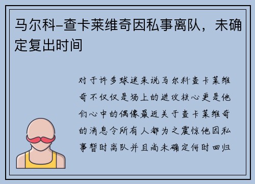 马尔科-查卡莱维奇因私事离队，未确定复出时间
